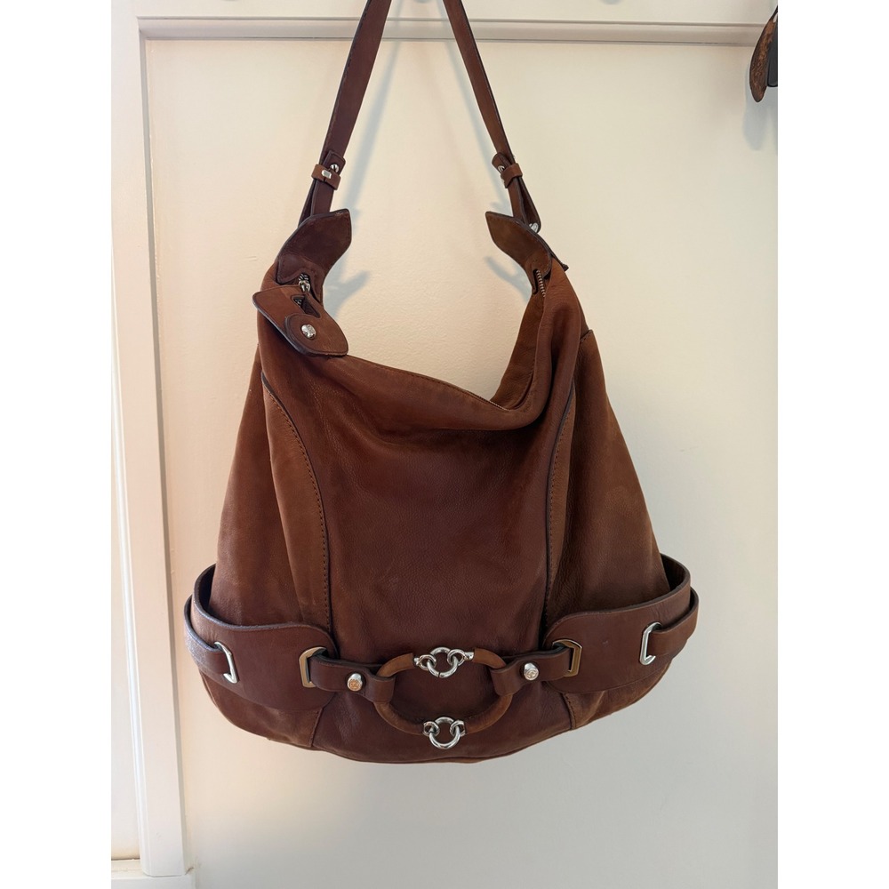 Francesco Biasia Cognac Brown Leather Hobo Shoulder Bag Harness Detail Silver HW